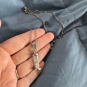 Hourglass necklace, silver tone, real sand, good condition